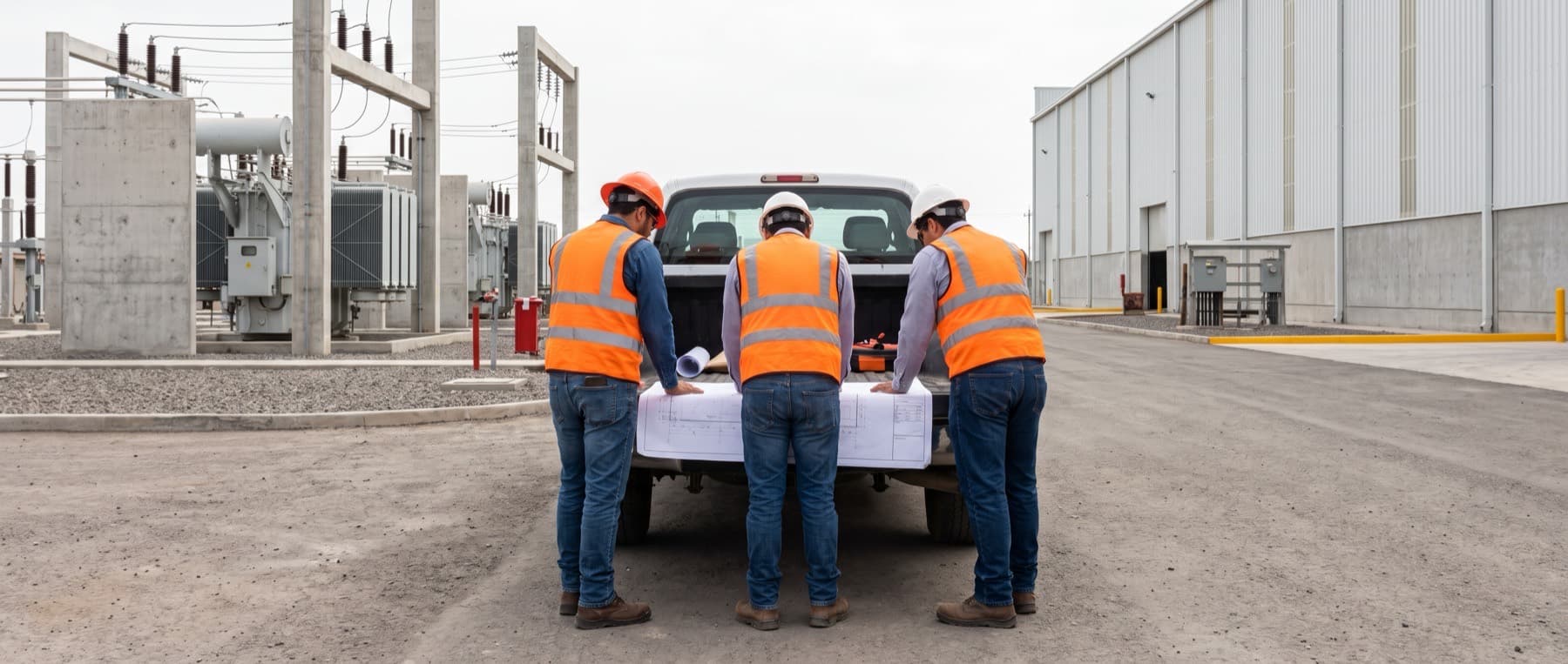 Equipo de ingenieros revisando planos eléctricos en un sitio industrial