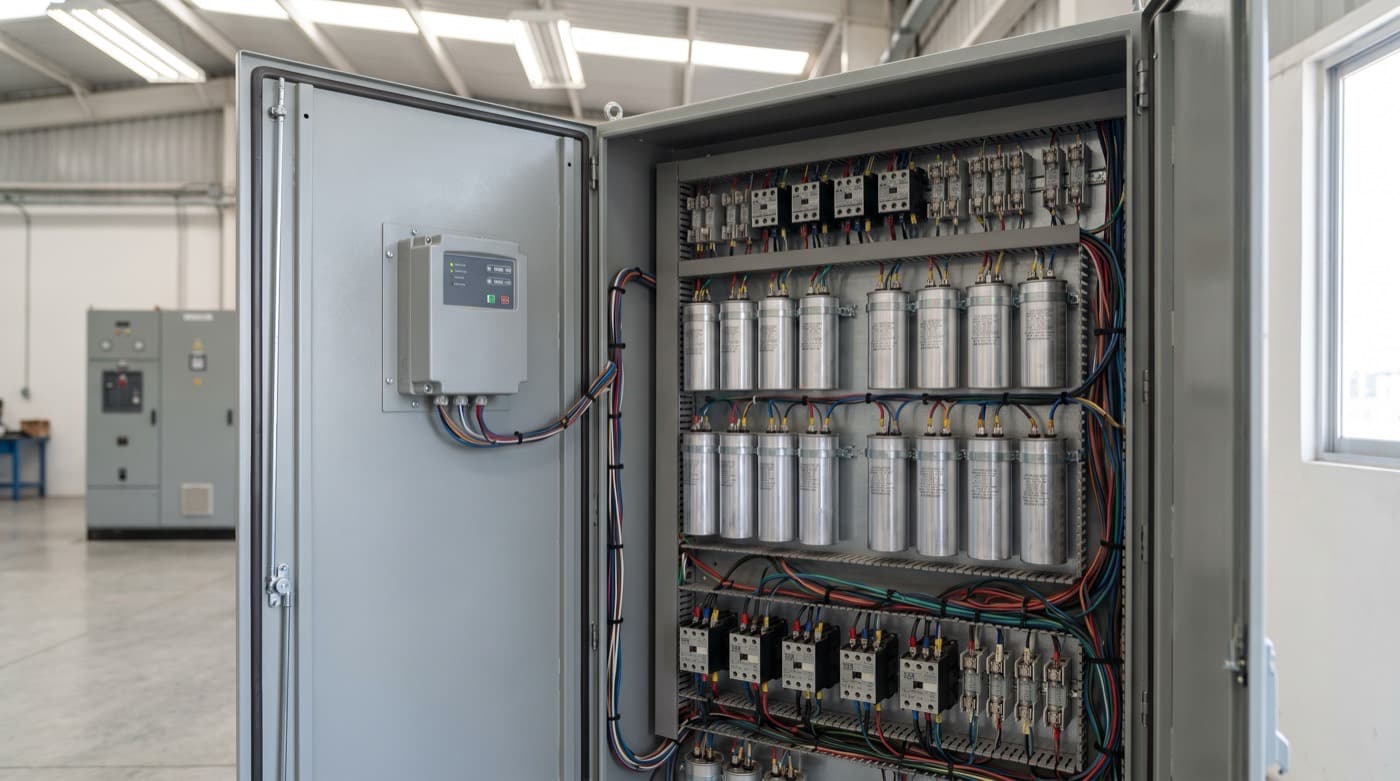 Banco automático de capacitores para corrección de factor de potencia en tablero industrial
