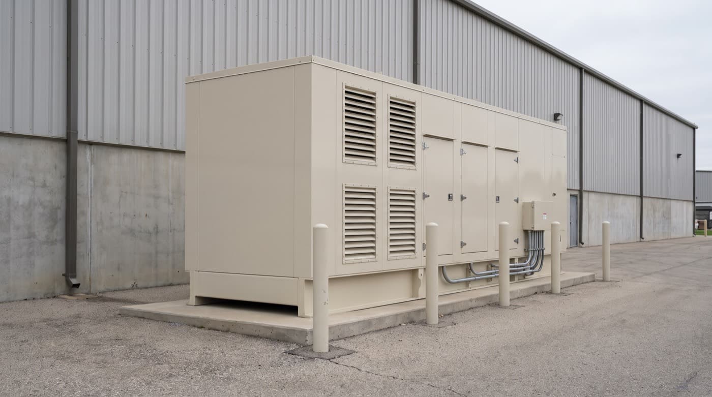 Planta de emergencia diésel en caseta acústica instalada en exterior de una planta industrial