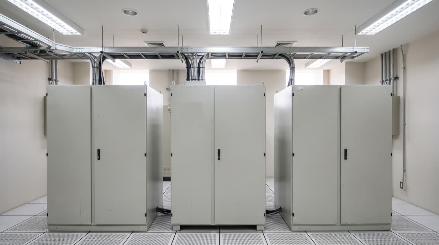 Sistema UPS trifásico con gabinetes de baterías en un centro de datos