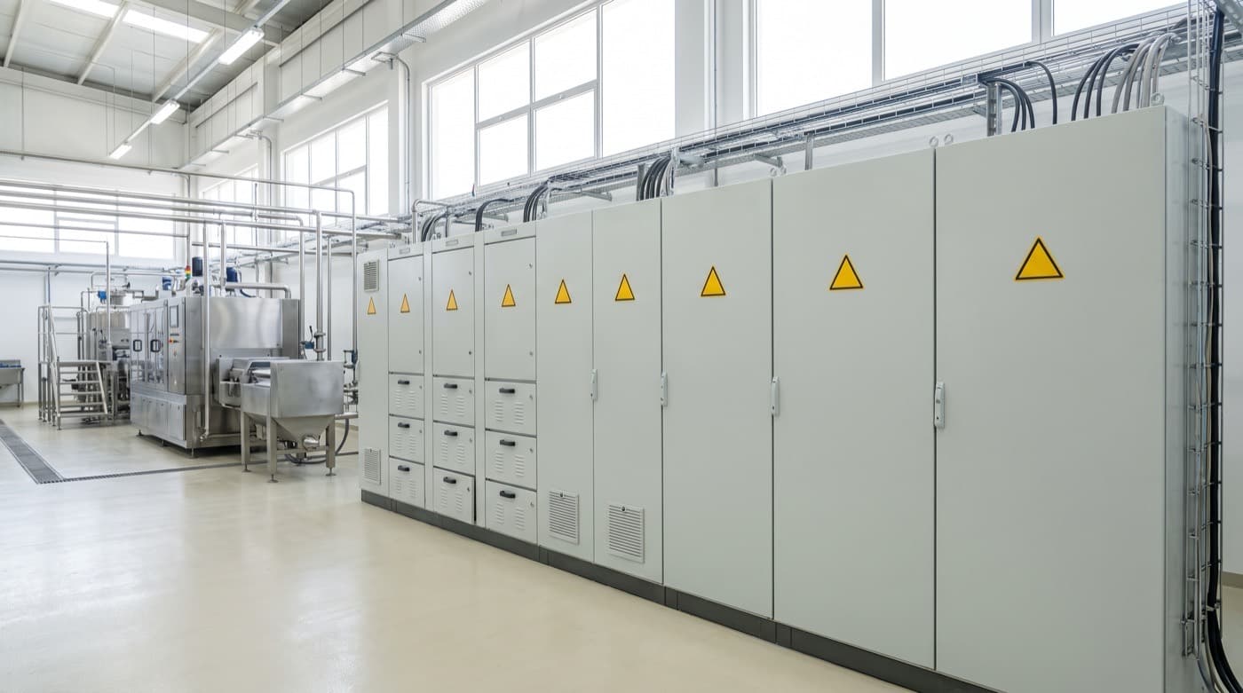 Tablero eléctrico industrial con etiquetas de advertencia de arc flash