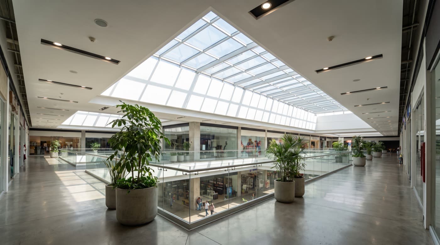 Centro comercial moderno con iluminación LED eficiente en el interior