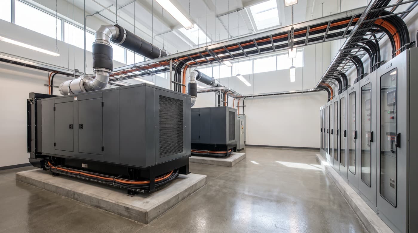 Sala de máquinas de hospital con plantas de emergencia y sistema UPS
