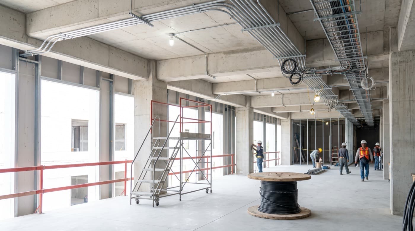 Obra de construcción con instalación eléctrica en proceso y canalizaciones