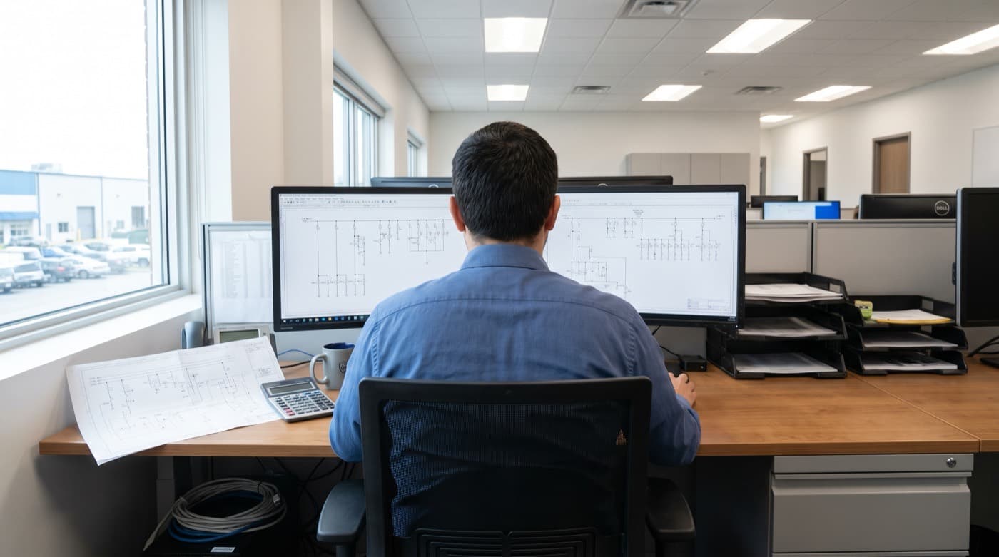 Ingeniero analizando diagramas unifilares y curvas de coordinación de protecciones en pantallas