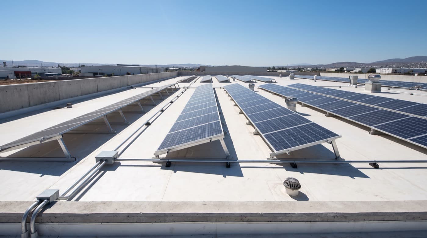 Arreglo de paneles solares fotovoltaicos sobre techo de nave industrial