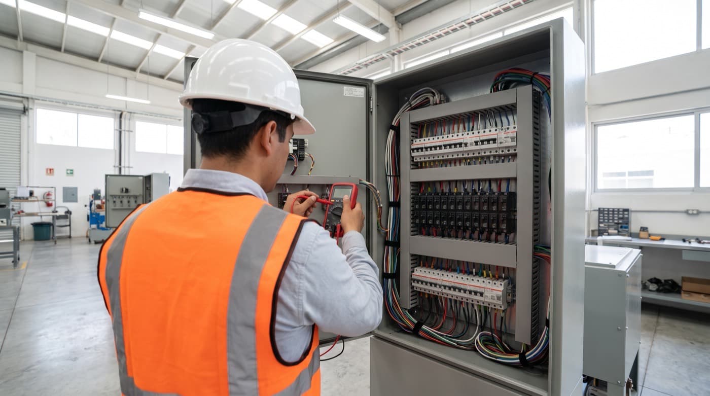Inspector eléctrico verificando un tablero de distribución industrial con instrumento de medición